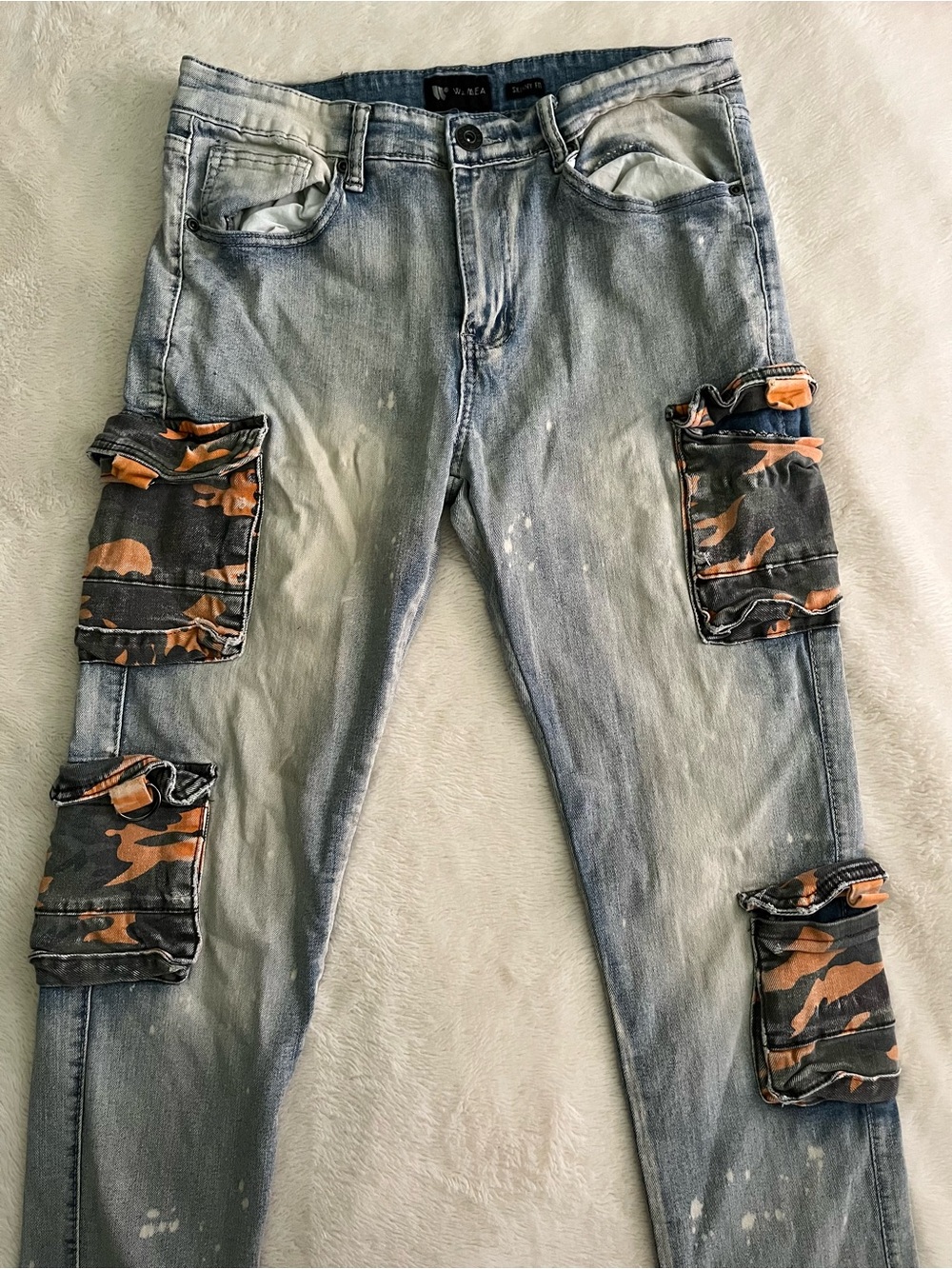Men's Distressed Denim Cargo Pants with Orange Camo Pockets